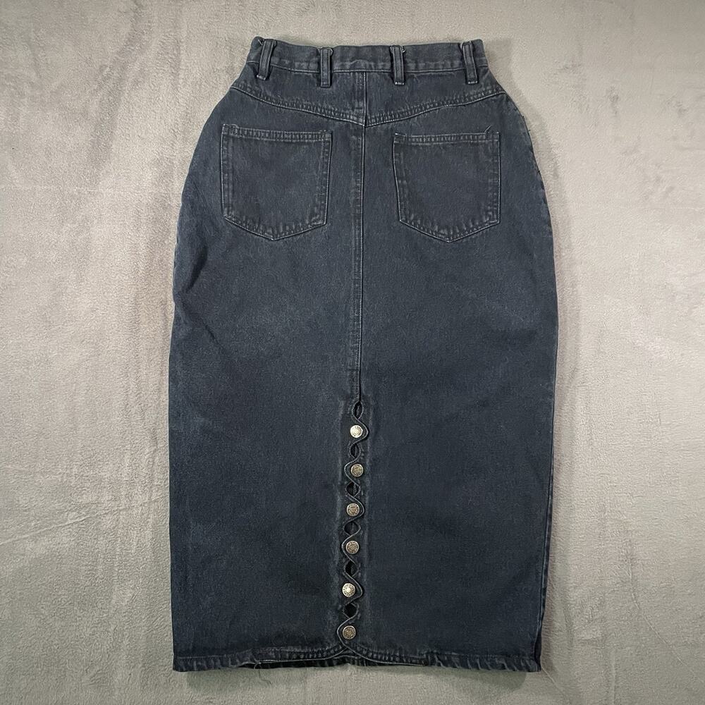 Y2K Baccini Dark Blue Denim Midi Skirt Straight Pencil Button Back Size 5/6 - Picture 8 of 11